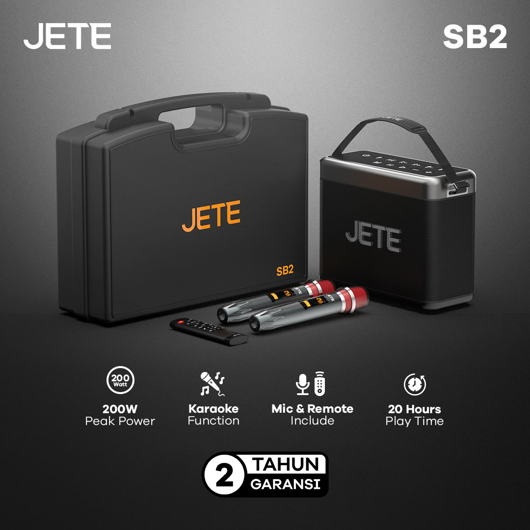 Speaker JETE SB2 Series adalah speaker karaoke yang diracang lebih kokoh dan tangguh di berbagai kondisi. Output audio yang menggelegar dan jelas, jadi pilihan terbaik untuk menemani aktivitas Anda sehari-hari. Mulai aktivitas hiburan hingga acara penting lainnya.